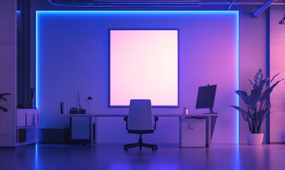 Modern Minimalist Blue and White Interior with Illuminated Square Frame Design