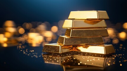 A close-up of gold bars stacked in a luxurious display reflecting light in a dark setting
