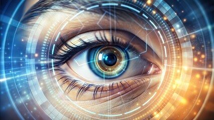 Futuristic Eye with Digital HUD Interface, Biometrics and Technology Concept