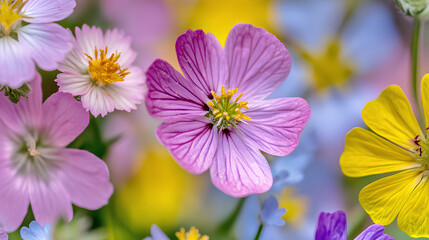 Fototapeta premium Macro close-up of blooming wildflowers in pastel hues with intricate petal details in a softly lit botanical setting 