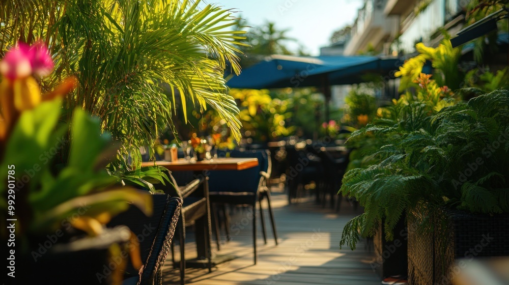 Poster A serene outdoor dining area with lush greenery and tables set for guests.