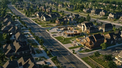 Fototapeta premium Hyper-realistic aerial view of a new suburb development project, showing houses at various construction stages and newly paved streets