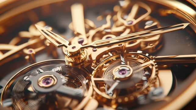 A detailed shot of a gold-plated watch face showing intricate mechanics
