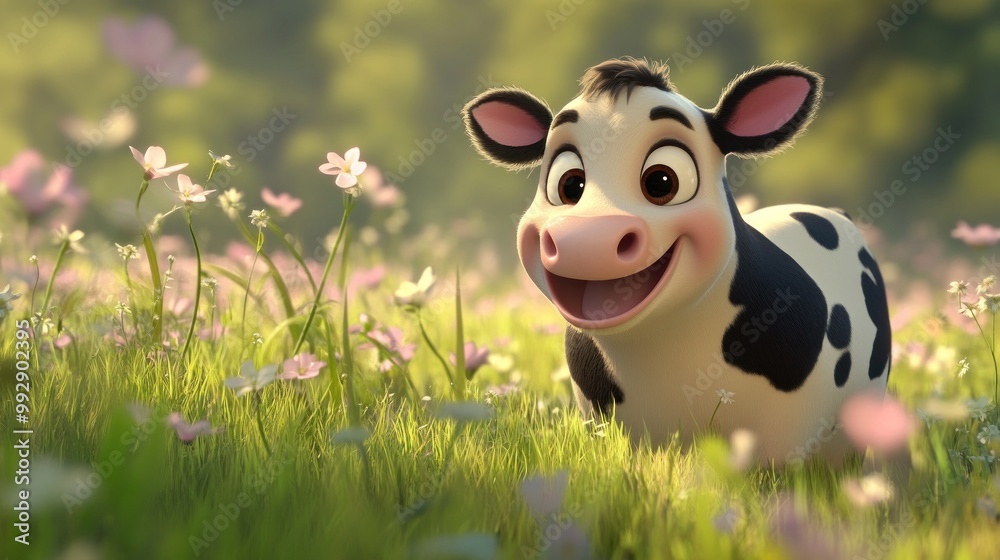 Wall mural a cheerful cartoon cow smiling in a vibrant flower-filled meadow.