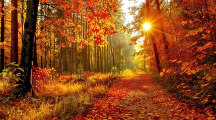 Fototapeta premium Stunning Natural Autumn Forest Scenery: A Captivating Display of Seasonal Beauty. Explore the Golden Tones and Serene Charm.