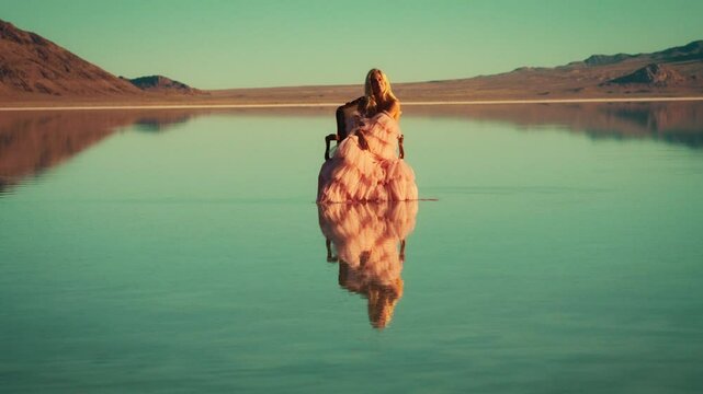 Bizarre woman gown showcase near serene desert water at sunset