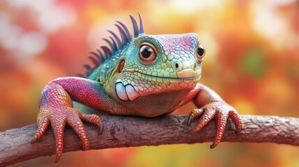 A vibrant lizard perched on a branch, showcasing its colorful scales against a blurred background.