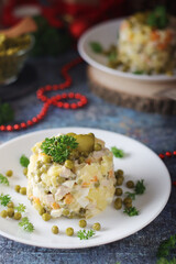 Olivier salad, traditional Russian dish, served on the plate	