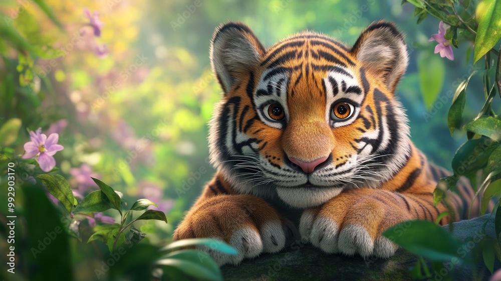 Canvas Prints A cute, animated tiger resting among lush greenery and flowers in a vibrant jungle setting.