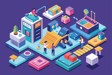 Fototapeta premium A dynamic workshop setting shows individuals engaged in customizing and prototyping various projects, Customizable isometric illustration prototyping process.