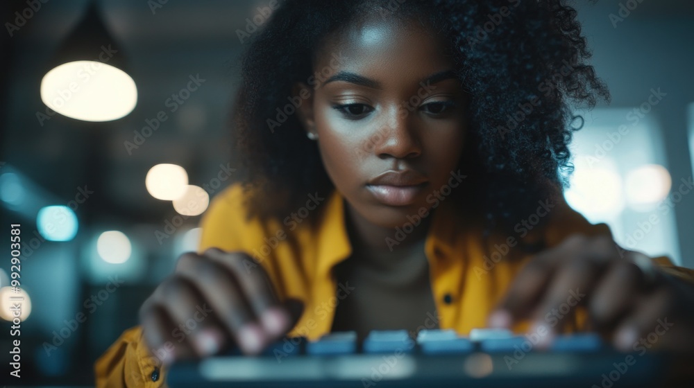 Canvas Prints A focused individual typing on a keyboard in a modern workspace.