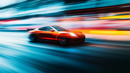 Blurred image of a fast-moving car captured during motion, creating an abstract sense of speed and movement. 
