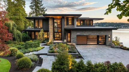 Fototapeta premium Contemporary home in a serene lake setting with modern design elements and stunning water views