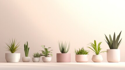 Fototapeta premium A collection of various potted plants arranged on a minimalist surface.