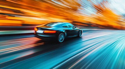 Blurred image of a fast-moving car captured during motion, creating an abstract sense of speed and movement. 