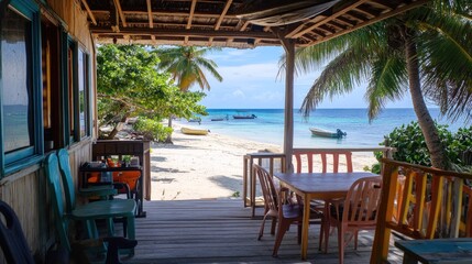 A serene beachfront view from a wooden deck with boats and palm trees in the background.