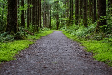 Obraz premium A Quiet Nature Trail Lined With Tall Trees And Soft Moss. The Serene Setting Promotes Mindfulness And Connection
