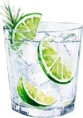 Watercolor vector Gin Tonic illustration. Alcohol long drink clipart. Glass of cocktail. Club shake beverage hand drawn illustration. Stock print.