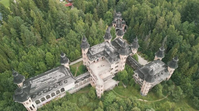 Aerial view of Lapalice Castle near Rekowo Lake in Kashubia (Cassubia), Poland