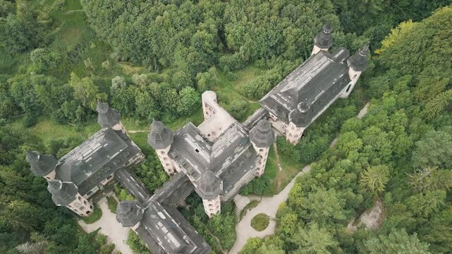 Aerial view of Lapalice Castle near Rekowo Lake in Kashubia (Cassubia), Poland