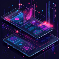 Futuristic Smartphone UI Design with Neon Lines and Interfaces