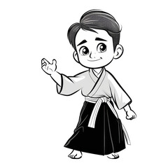 A cartoon illustration of a young boy wearing a black and white gi, smiling, with his arm raised,  practicing martial arts.