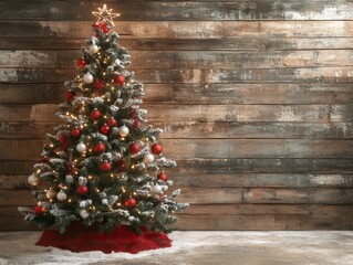2408 9.A festive Christmas tree with red and white ornaments and twinkling lights, set against a weathered wooden backdrop. The old wood texture gives a vintage, cozy feel to the scene, complementing