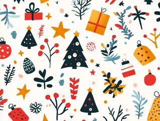 2408 12.A Christmas pattern filled with holiday icons like Christmas trees, presents, garlands, stars, and twigs, all illustrated in a cute Memphis boho style. The hand-drawn elements are arranged in