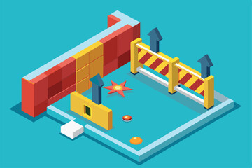 An isometric illustration showcases a colorful maze with barriers, buttons, and interactive elements for creativity, Customizable Isometric Illustration that breaks barriers.