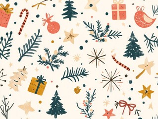 2408 13.A big Christmas pattern featuring holiday-themed elements such as stars, twigs, garlands, gifts, and trees, all designed in a Memphis-inspired boho style. The soft color palette and