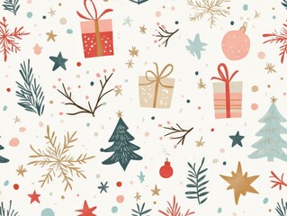 2408 13.A big Christmas pattern featuring holiday-themed elements such as stars, twigs, garlands, gifts, and trees, all designed in a Memphis-inspired boho style. The soft color palette and