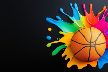 Fototapeta premium Basketball is sitting on a colorful splatter of paint. The paint is in a rainbow pattern. a basketball with colorful paint splashes flying around the basket, on a black background, colorful.