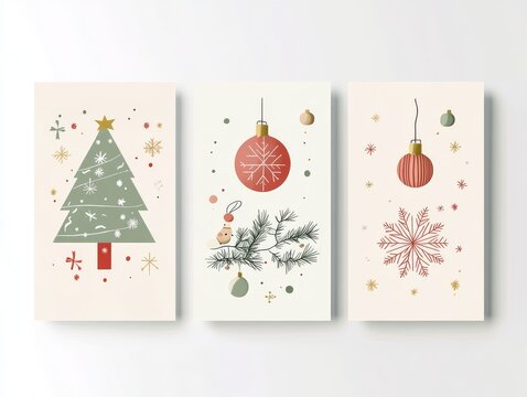 2408 23.A set of elegant holiday greeting cards, featuring minimalist typography and modern Christmas elements such as snowflakes, baubles, and Christmas trees. The clean design and soft color