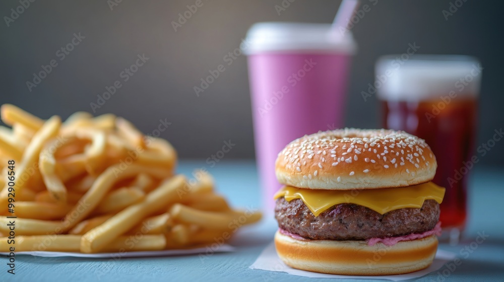 Canvas Prints A delicious meal featuring a cheeseburger, fries, and drinks on a table.