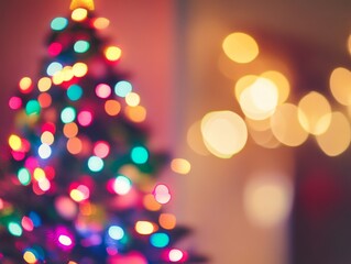Fototapeta premium 2408 27.A festive bokeh of colorful Christmas tree lights, defocused to create a blurred, glowing effect. The background is a soft blur of colors, enhancing the twinkling lights and giving the image