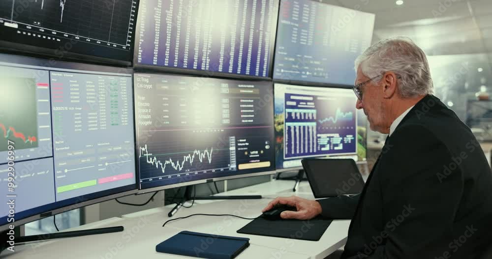 Poster business, man and trader with computer of stock market, financial planning and investment performanc