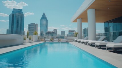 A modern rooftop pool with city skyline views, inviting relaxation and leisure.