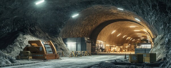 Obraz premium Hyper-realistic depiction of a new underground bunker complex being constructed for emergency management, focusing on security features and sustainability measures