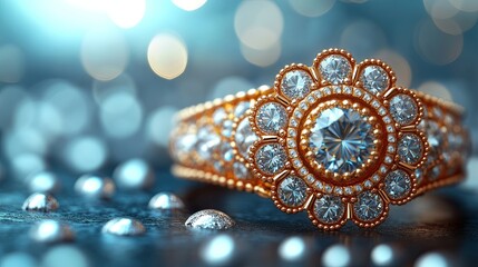 Fototapeta premium A dazzling diamond ring, adorned with intricate gold settings, sparkles against a backdrop of shimmering lights. The center stone catches the light, reflecting a breathtaking brilliance.