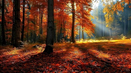 Naklejka premium Stunning Natural Autumn Forest Scenery: A Captivating Display of Seasonal Beauty. Explore the Golden Tones and Serene Charm.