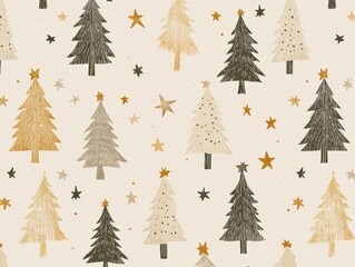 Obraz premium 2408 46.A soft beige pastel Christmas tree pattern featuring rows of stylized New Year pines adorned with small stars. The trees are arranged in a repeating pattern across a light background,