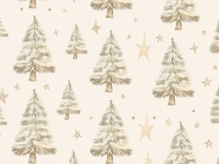 Obraz premium 2408 46.A soft beige pastel Christmas tree pattern featuring rows of stylized New Year pines adorned with small stars. The trees are arranged in a repeating pattern across a light background,