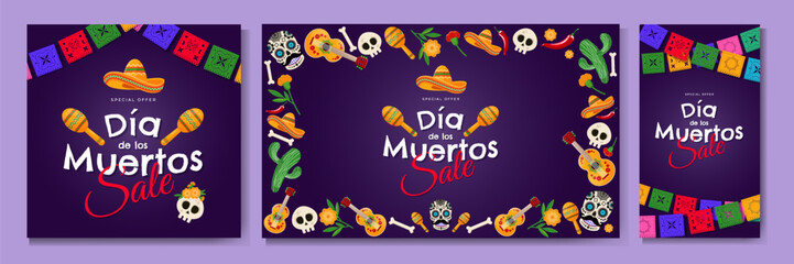 Dia de Los Muertos - Mexican Day of the Dead banner set with colorful mexican traditional objects. Design template for shopping sale, advertising, web, social media. Vector illustration