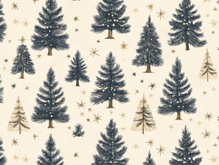 Fototapeta premium 2408 50.A repeating pattern of Christmas trees and stars on a soft beige pastel background. The hand-drawn New Year pines are complemented by small star details, creating a serene and festive holiday