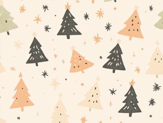 2408 49.A delicate beige pastel pattern with Christmas trees and stars, arranged in a seamless design. The soft background and simple, hand-drawn trees create a whimsical, minimalist holiday look,