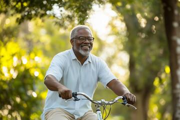 Happy mature senior black african american man riding his bicycle through a park on a sunny day