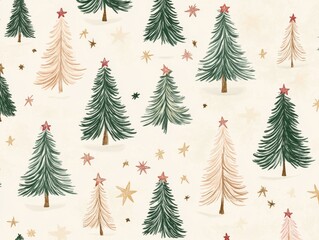 Obraz premium 2408 50.A repeating pattern of Christmas trees and stars on a soft beige pastel background. The hand-drawn New Year pines are complemented by small star details, creating a serene and festive holiday