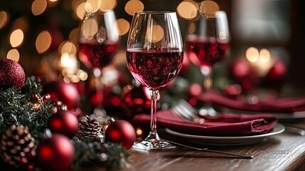 A glass of red wine sits on a table adorned with festive decorations,  a perfect setting for celebrating the holiday season.