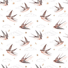 Beautiful seamless pattern with hand drawn watercolor swallows. Martin birds. Stock illustration.