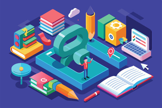 A colorful illustration showcasing grammar elements, books, and study tools arranged in an isometric style, Customizable isometric illustration with grammar correction.